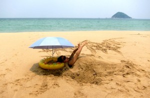 Xichong Beach at Nanao Island - Umbrellas and sand...